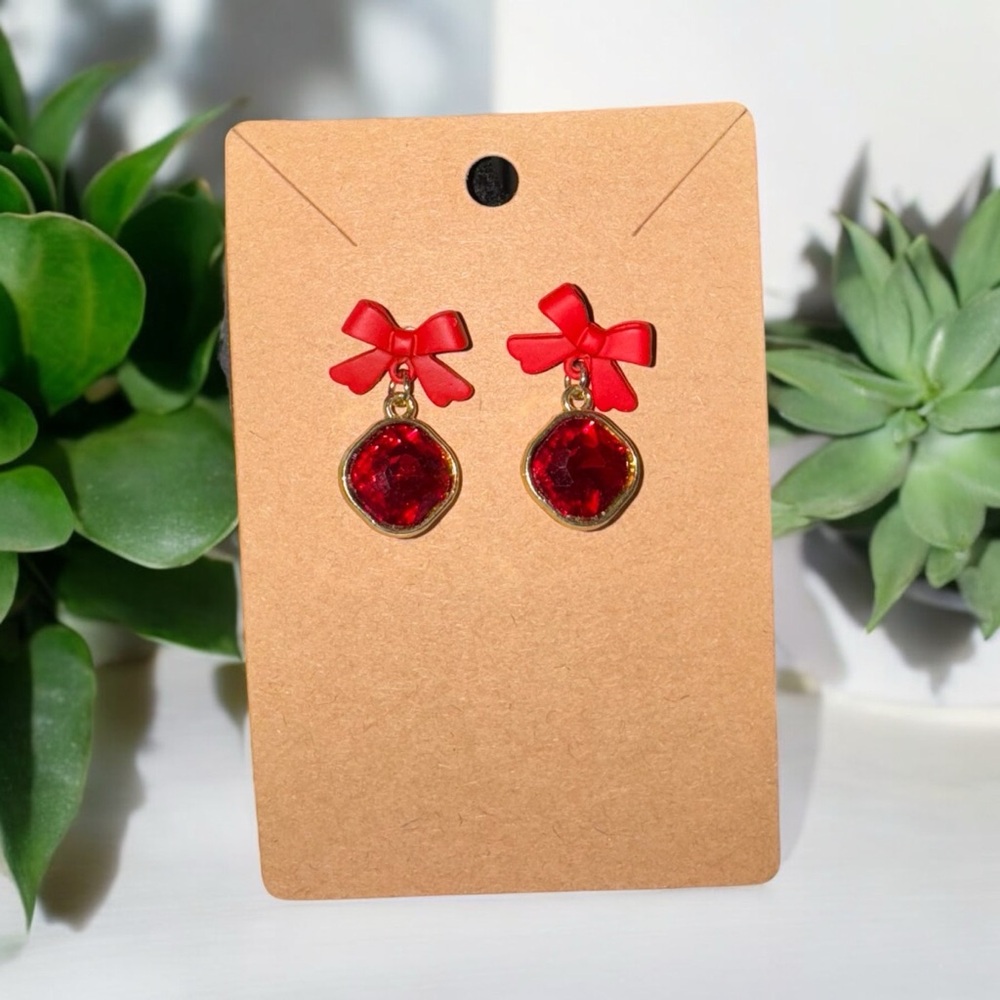 🎀❤️ Red Bow Statement Earrings | Sparkly Gem Dangle Holiday Glam ✨